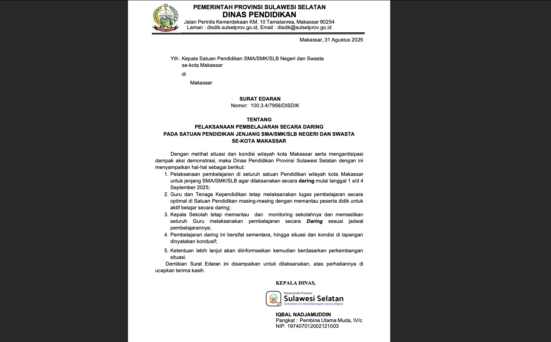 Surat Edaran Disdik Sulsel